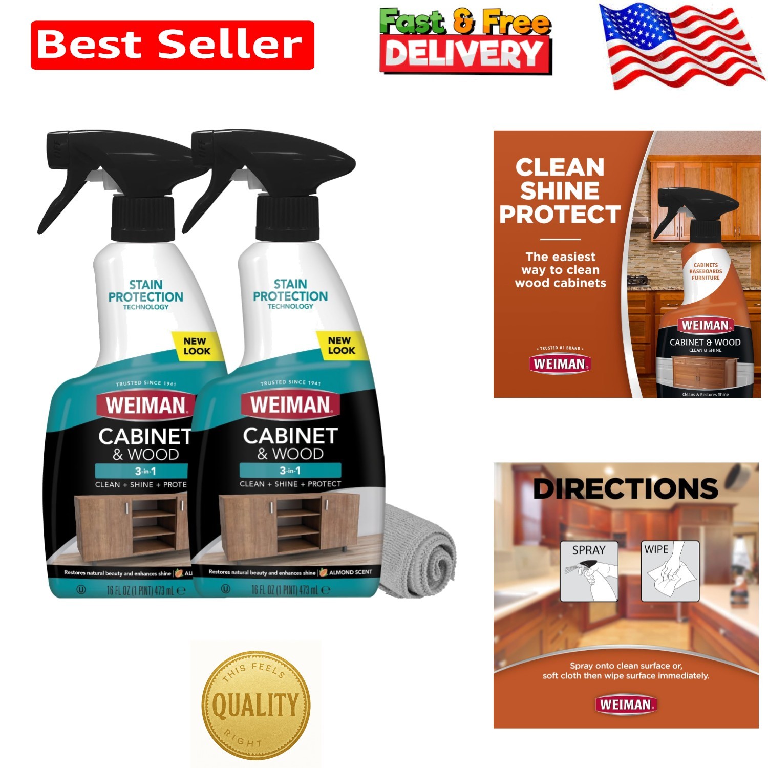 Natural Wood & Cabinet Cleaner – 16oz 2-Pack with Microfiber Towel, Almond Scent