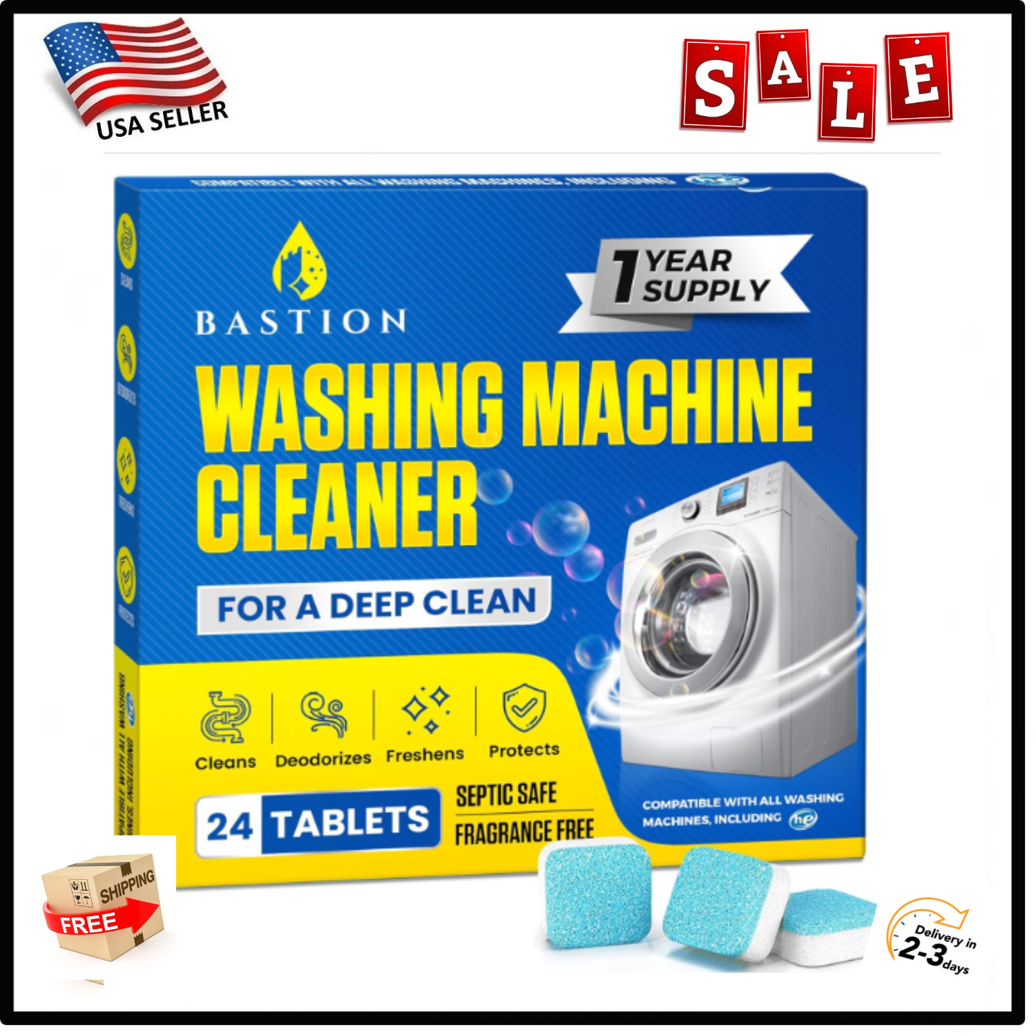 Bastion Washing Machine Cleaner, Deodorizer, & Descaler – 24 pack
