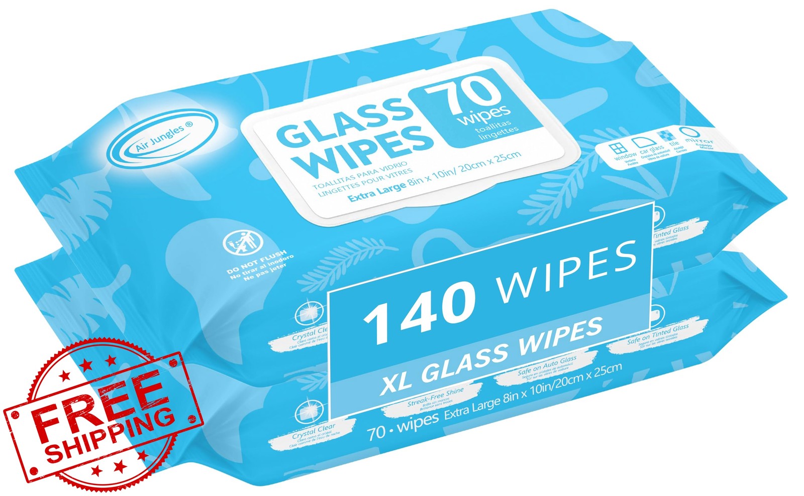 Air Jungles Glass Wipes 70 Count Pack 2 XL