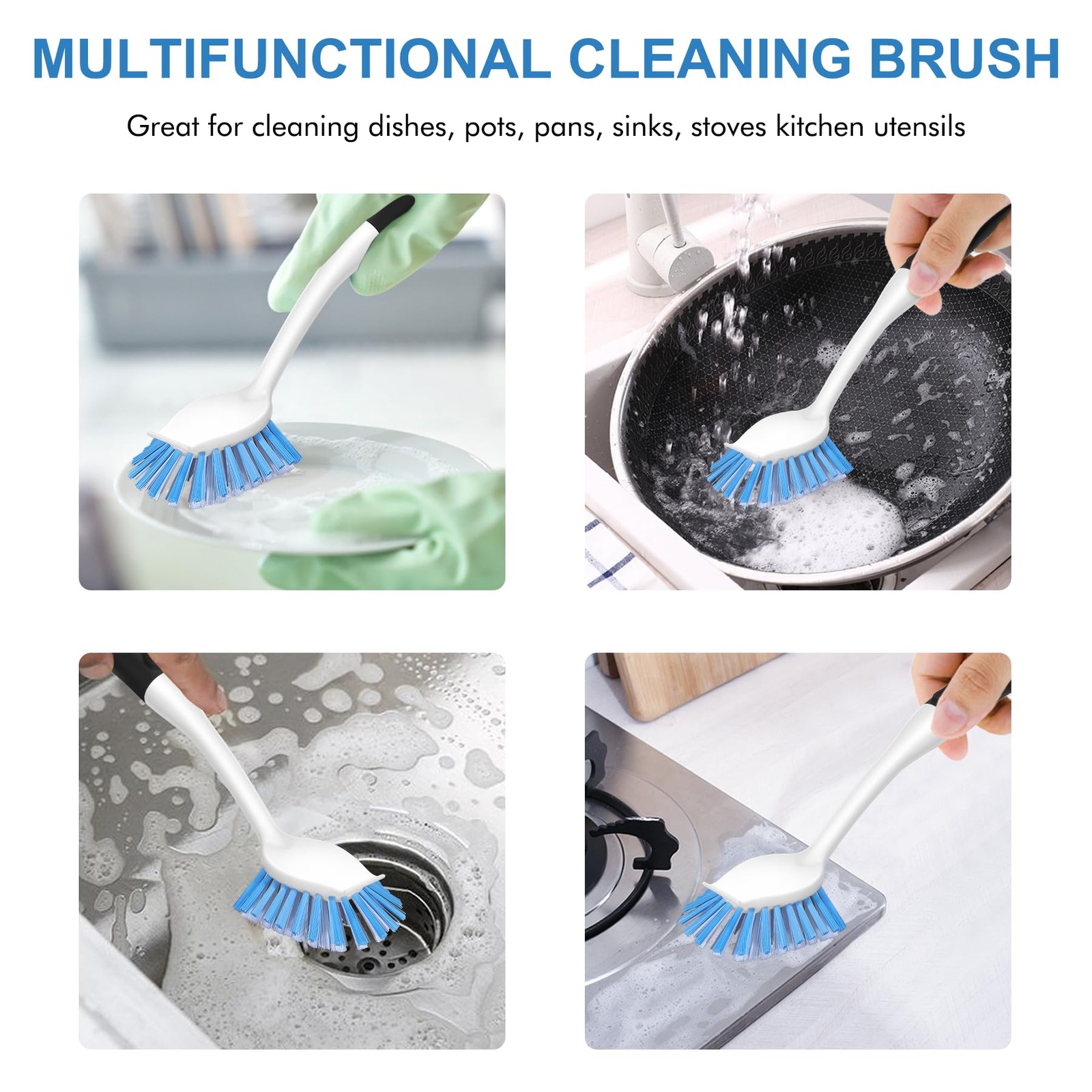 Dish Brush with Handle, 2 Pack Stiff Bristles Dish Scrubber with Built-in Scr…
