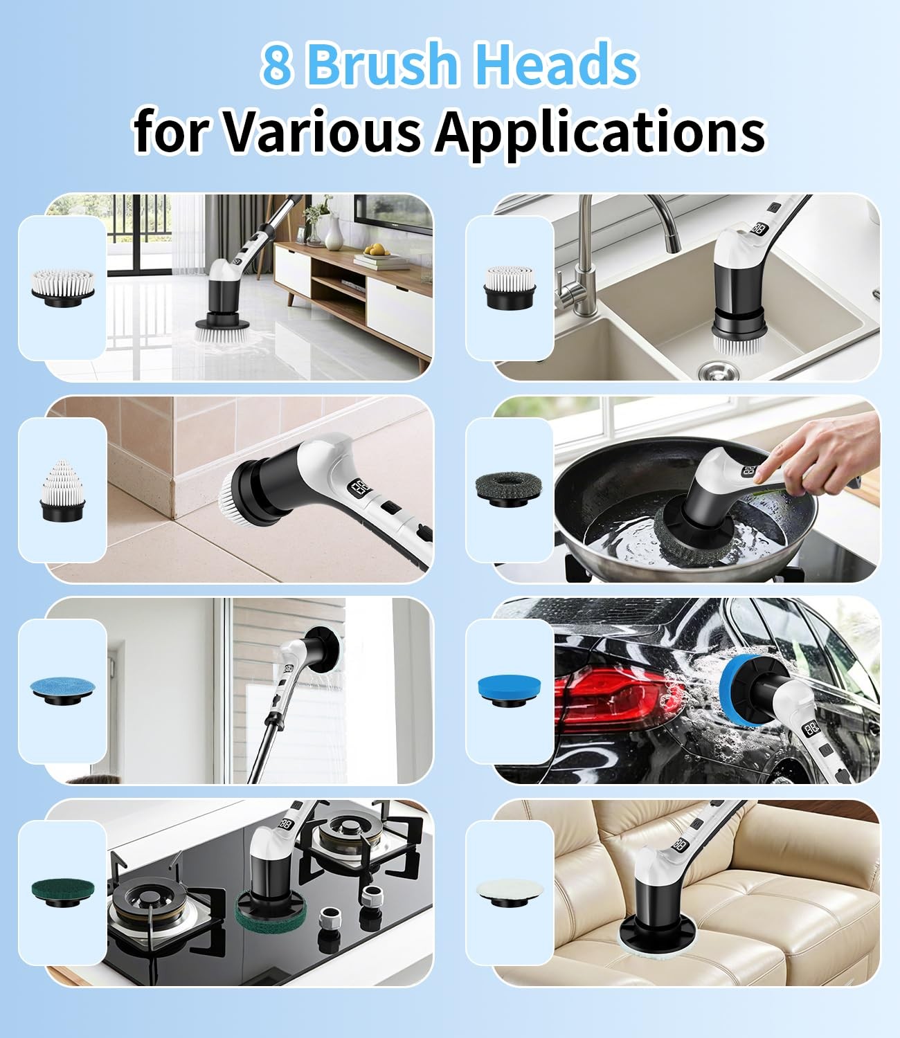 Electric Spin Scrubber with 3 Speed, Adjustable Extension Handle, 8 Brush Hea…