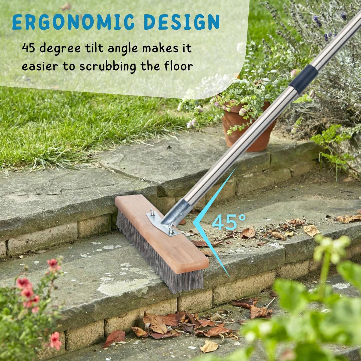 Stainless Steel Wire Scrub Brush with Long Handle for Deck, Concrete, Patio Flo
