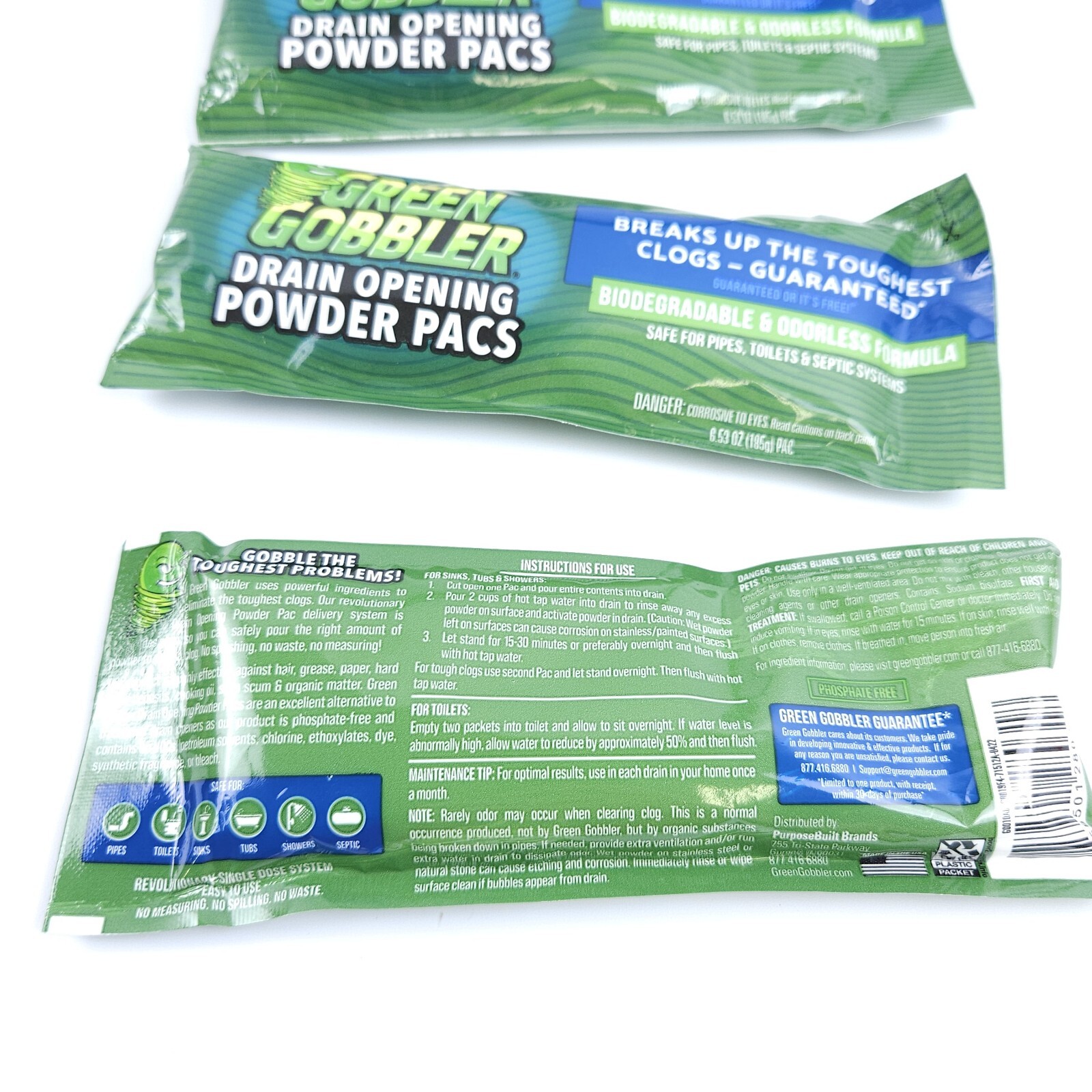 Green Gobbler Drain Clog Remover Powder 3 Packs & 3 Snakes Lime Scented Cleaner