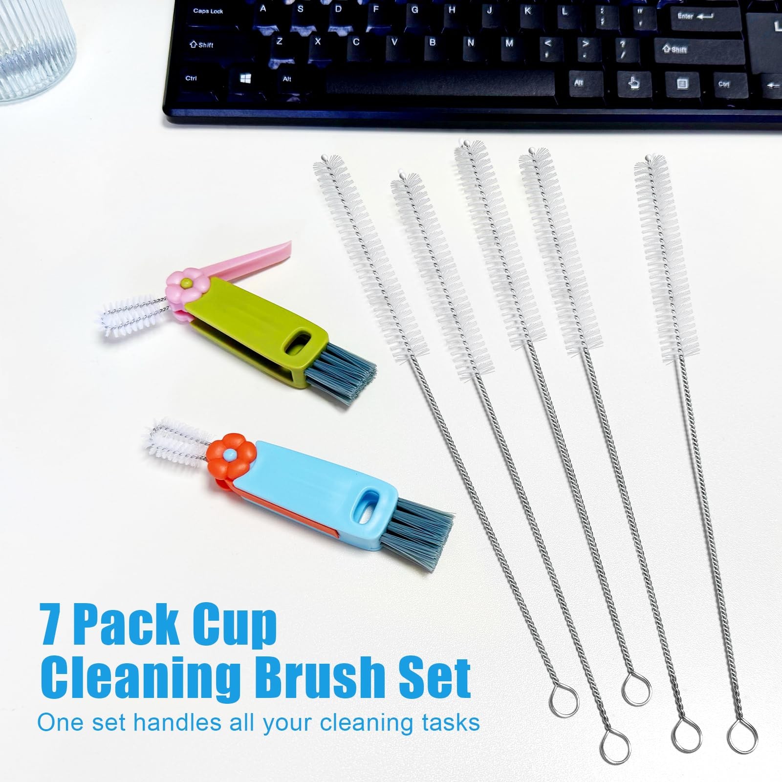 7Pcs 3-in-1 Cup Lid Gap Cleaning Brush & Straw Brush Set, Reusable Metal Stra…