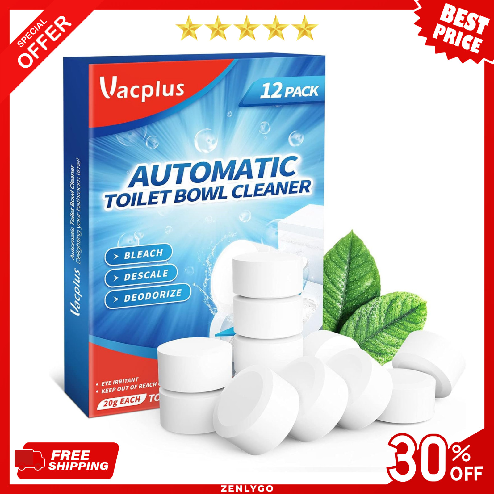 Vacplus Toilet Bowl Cleaner Tablets 12 PACK, Automatic Toilet Bowl Cleaners