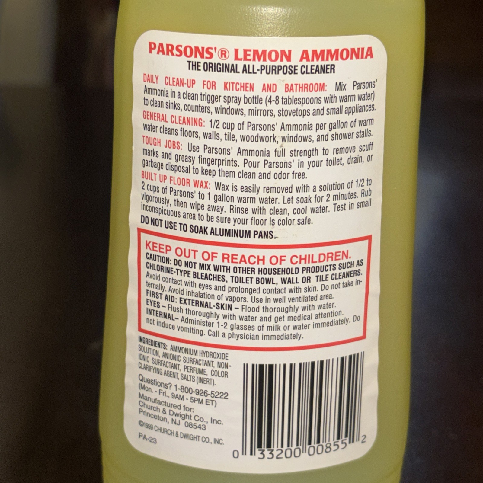 Vintage 1999 Parsons Lemon Fresh Ammonia Cleaner 28 Oz Full Bottle NOS