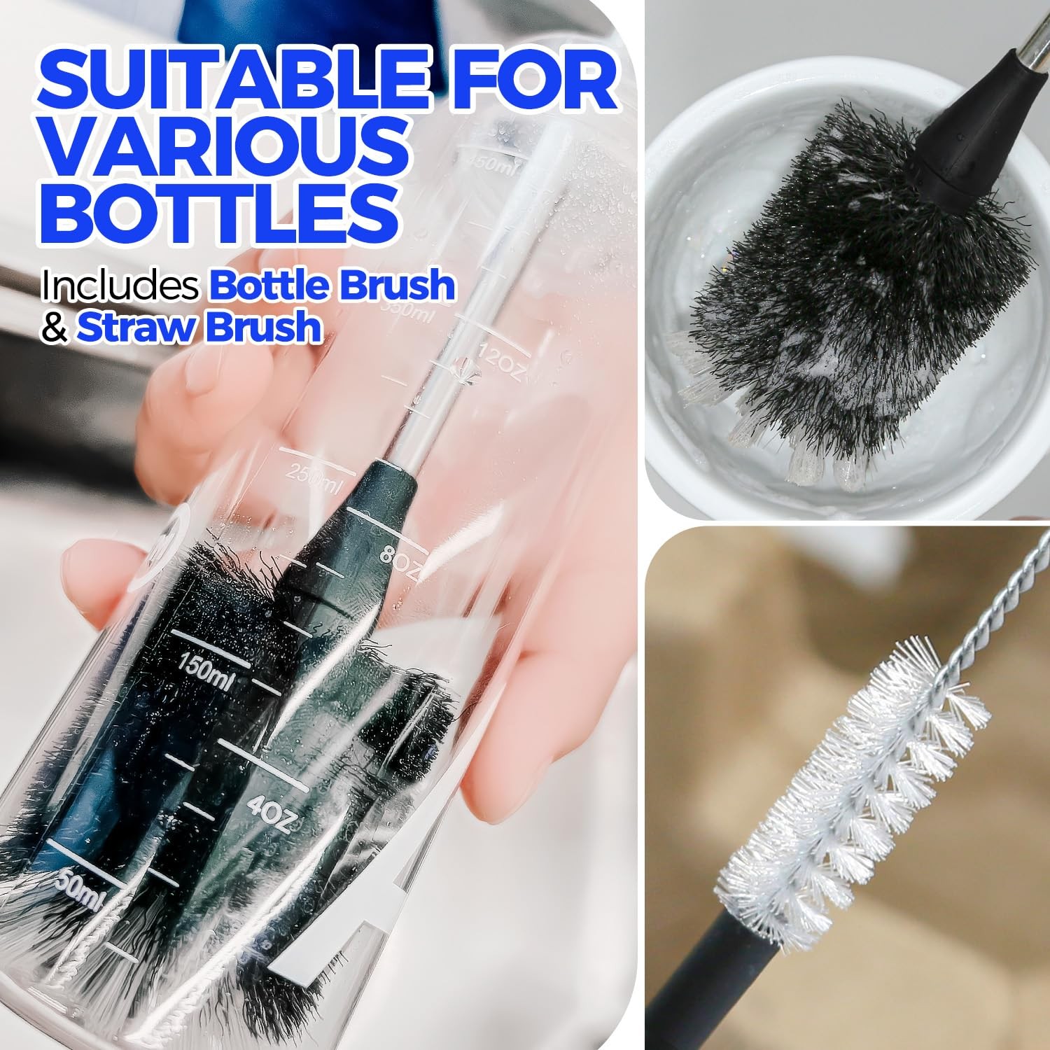 4 Pack Bottle Brush 14″ Stainless Steel Straw Cleaner Brush,Black