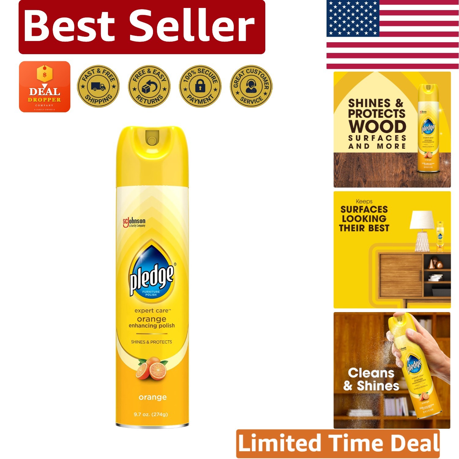Expert Care 9.7oz Pledge Orange Polish – Streak-Free Wood Cleaner