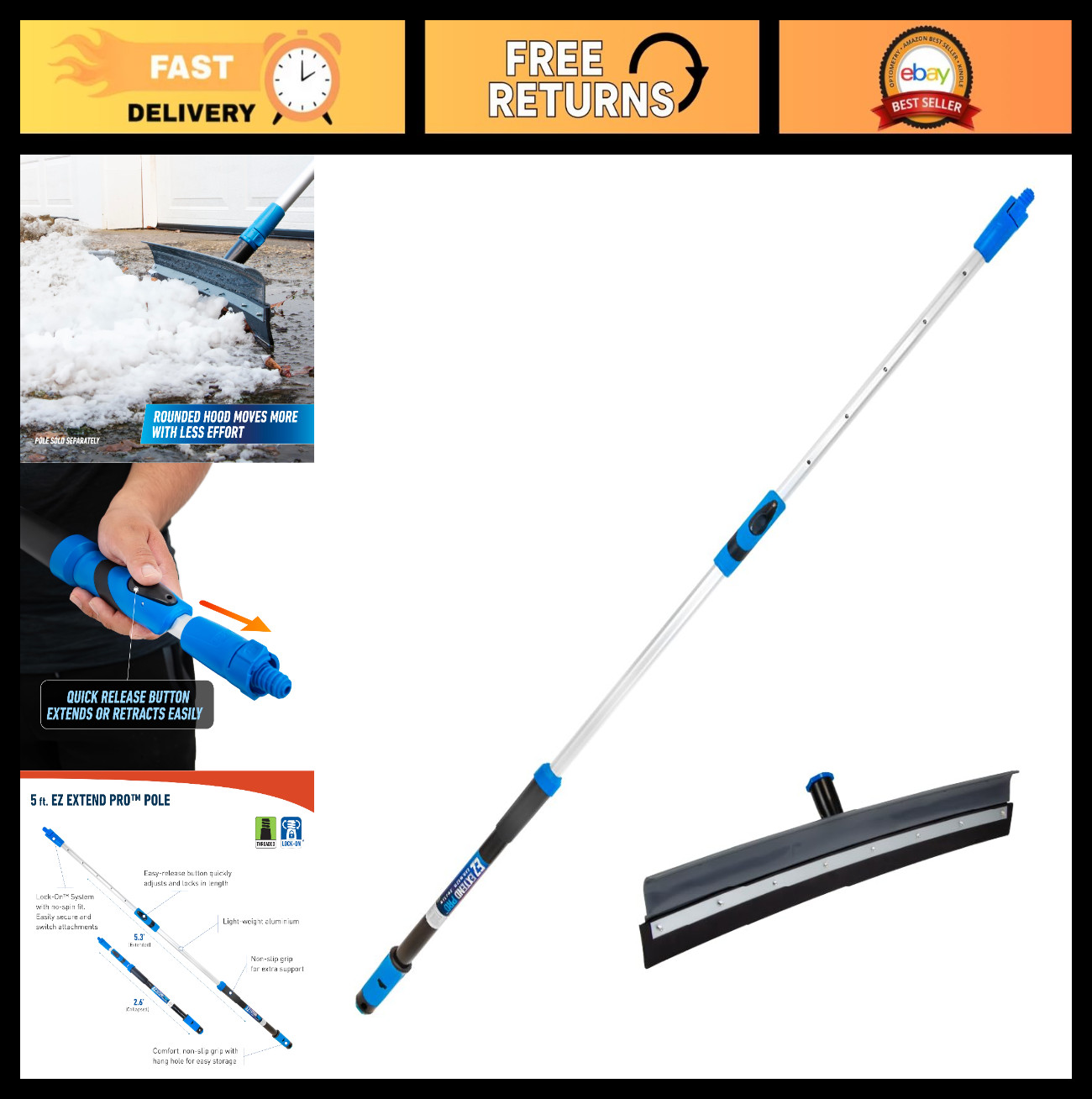 22″ Curved Rubber Floor Squeegee with Telescopic Pole – Lightweight, Durable for