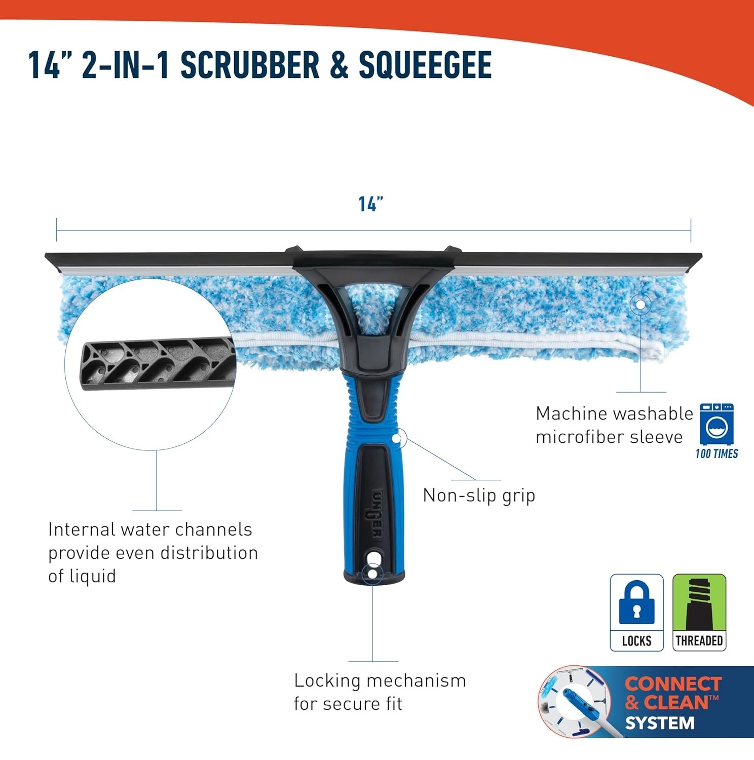 Professional 2-in-1 Squeegee & Scrubber, 14” Window Cleaning Tool & 8’ Connect..