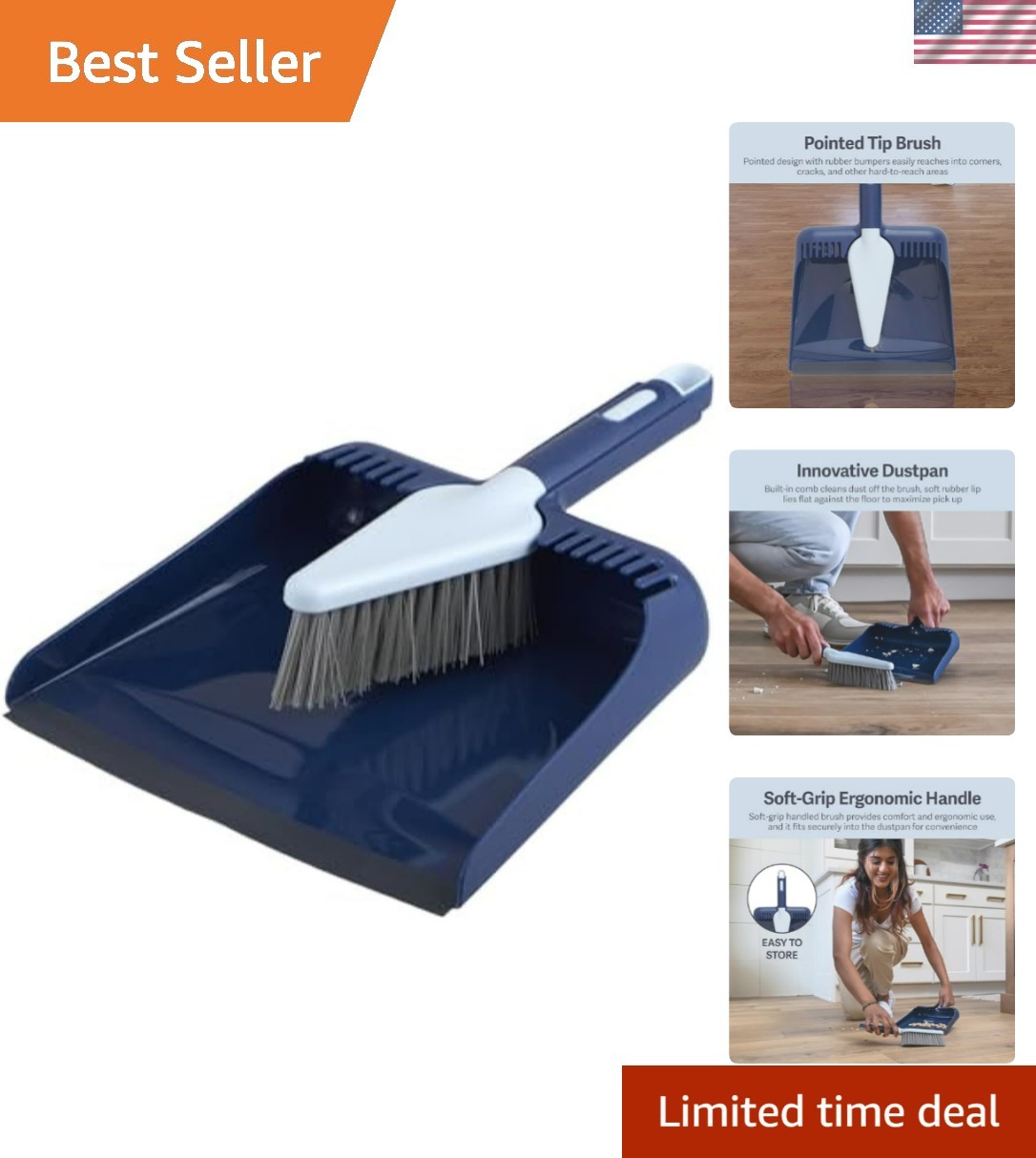 Wayclean Handheld Angled, Medium, Grey Dustpan and Brush Set, Green and Taupe