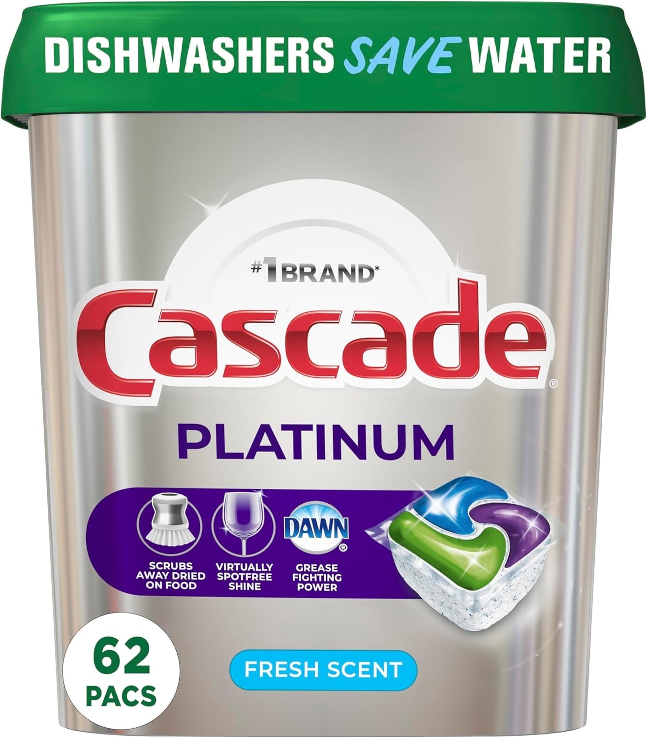 Cascade Platinum ActionPacs Dishwasher Detergent, Fresh Scent, 62 Count