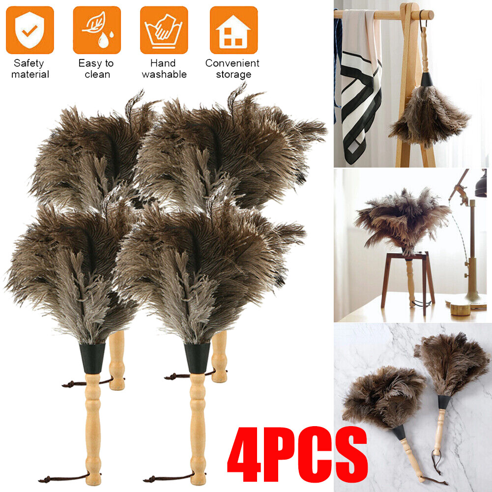 4 PCS 13inch Ostrich Feather Duster Dust Collecting Cleaning Tool Wooden Handle