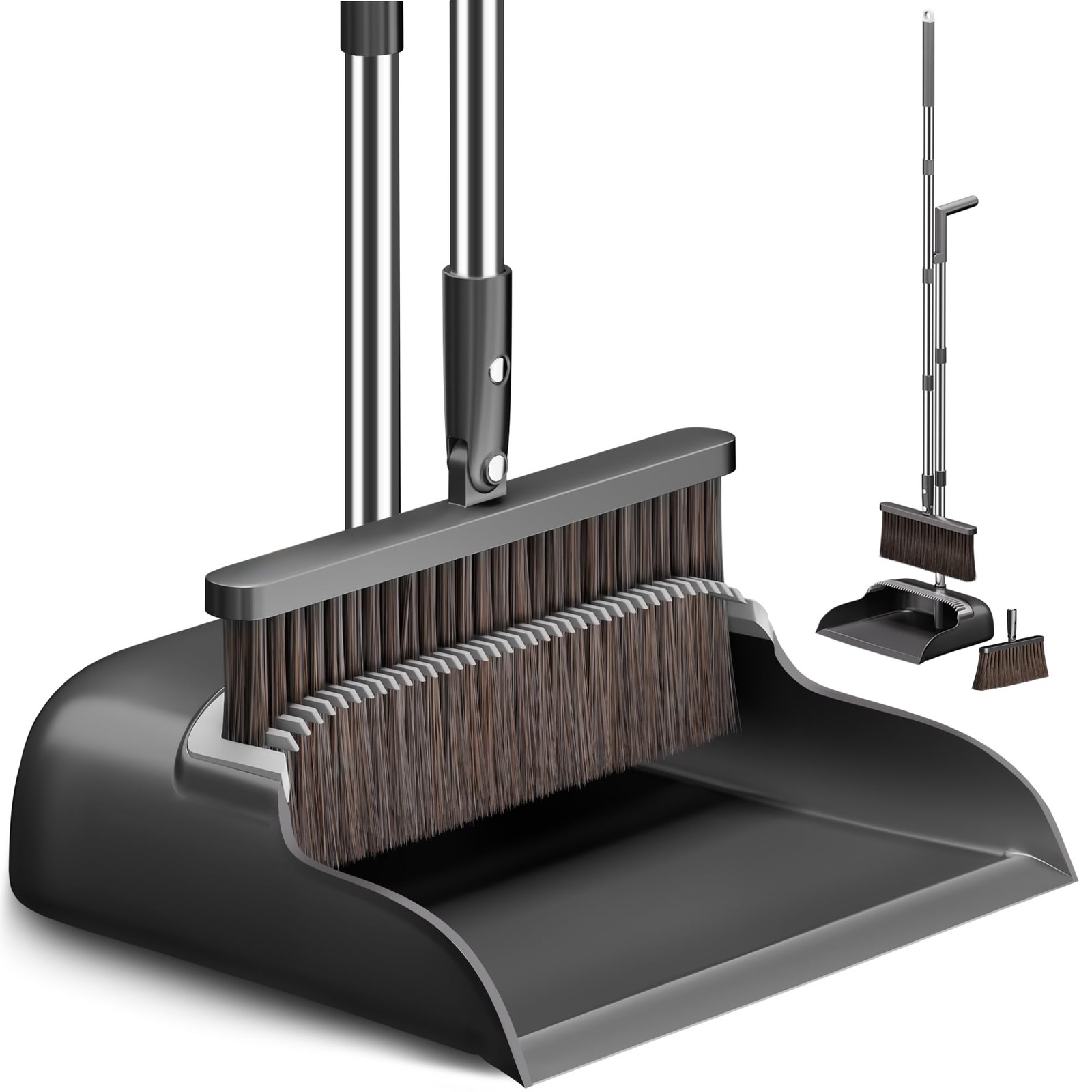 CTIME Broom and Dustpan Set, Extra Brush Head & 51.6″ Adjustable Black, Gray