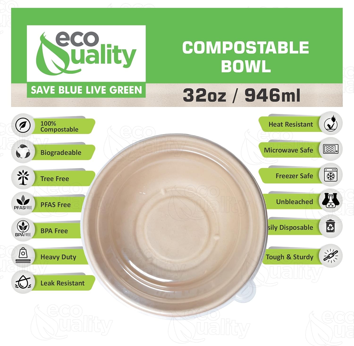 150 Count – EcoQuality 32oz Round Disposable Bowls with Dome Lids Natural Suga
