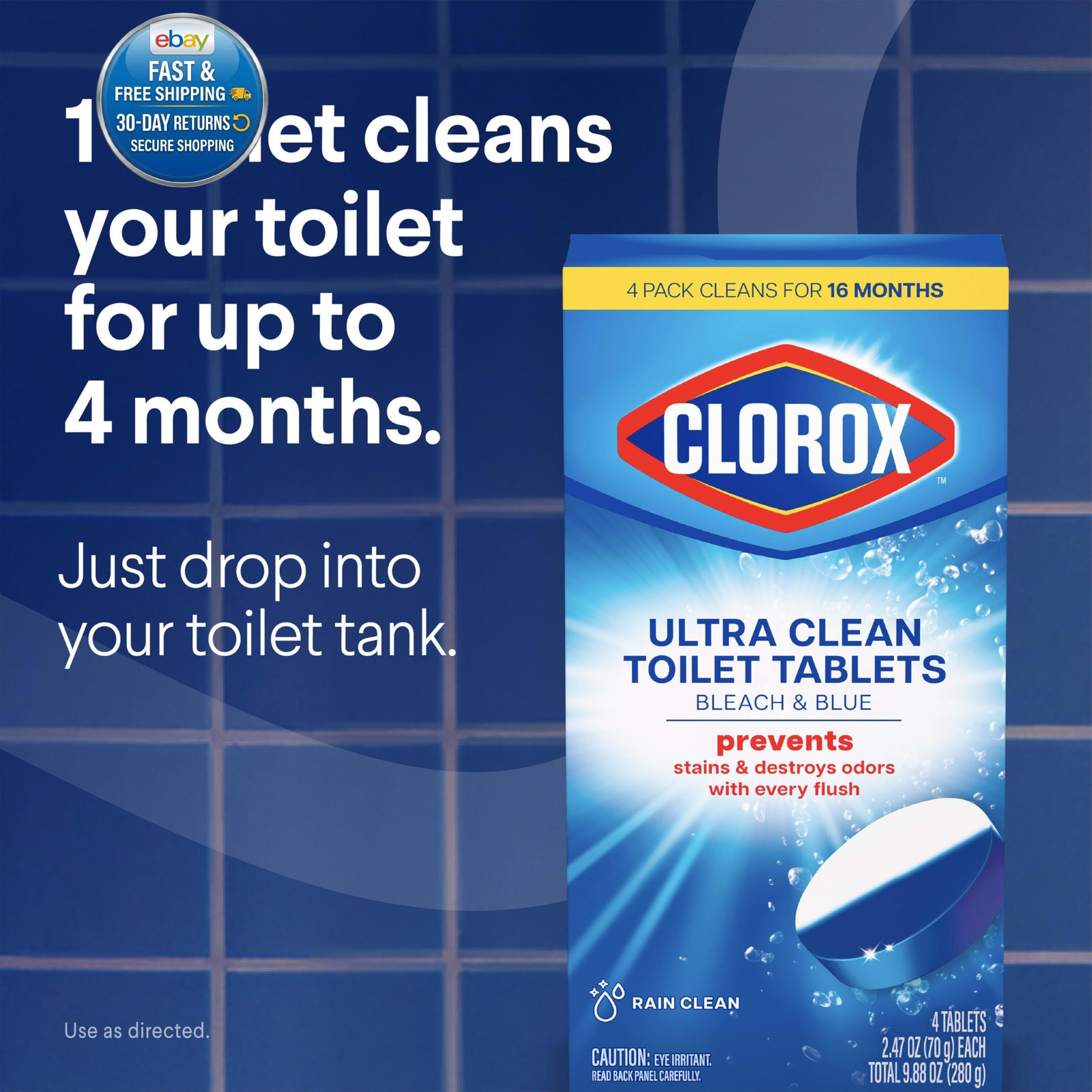 Ultra Clean Toilet Tablets Bleach & 4 Count (Pack of 1), Rain