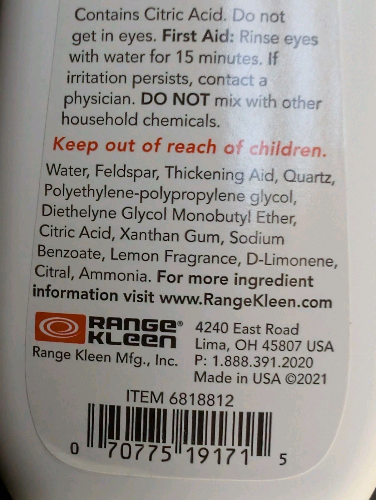 Range Kleen Glass & Ceramic Cooktop Kleener * Cleaner* Made In USA * 6oz Bottle
