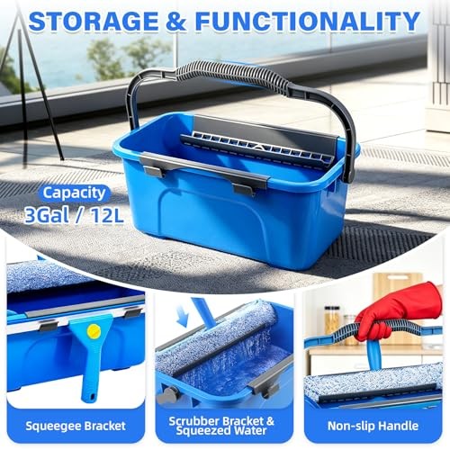 Window Cleaning Kit with 3 Gal Bucket – 14” Window Squeegee&15” Scrubber&76”