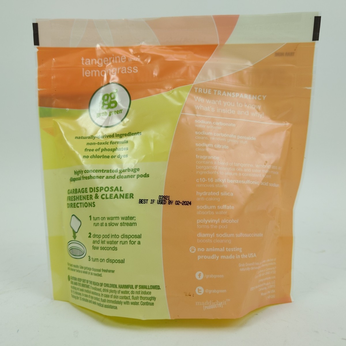 GRAB GREEN Garbage Disposal Cleaner 12 Pods Tangerine with Lemongrass EXP 02/24