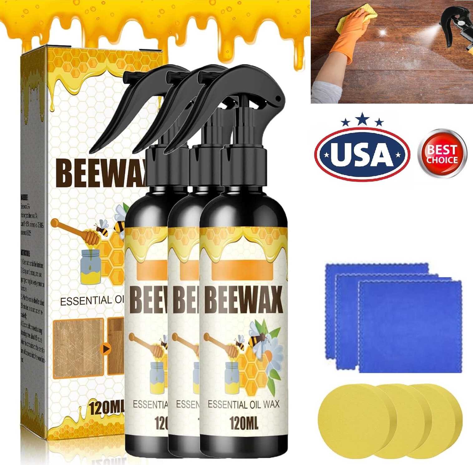3× Natural Bee Wax Furniture Polish Spray w/ Tool Micro-Molecularized Beeswax US