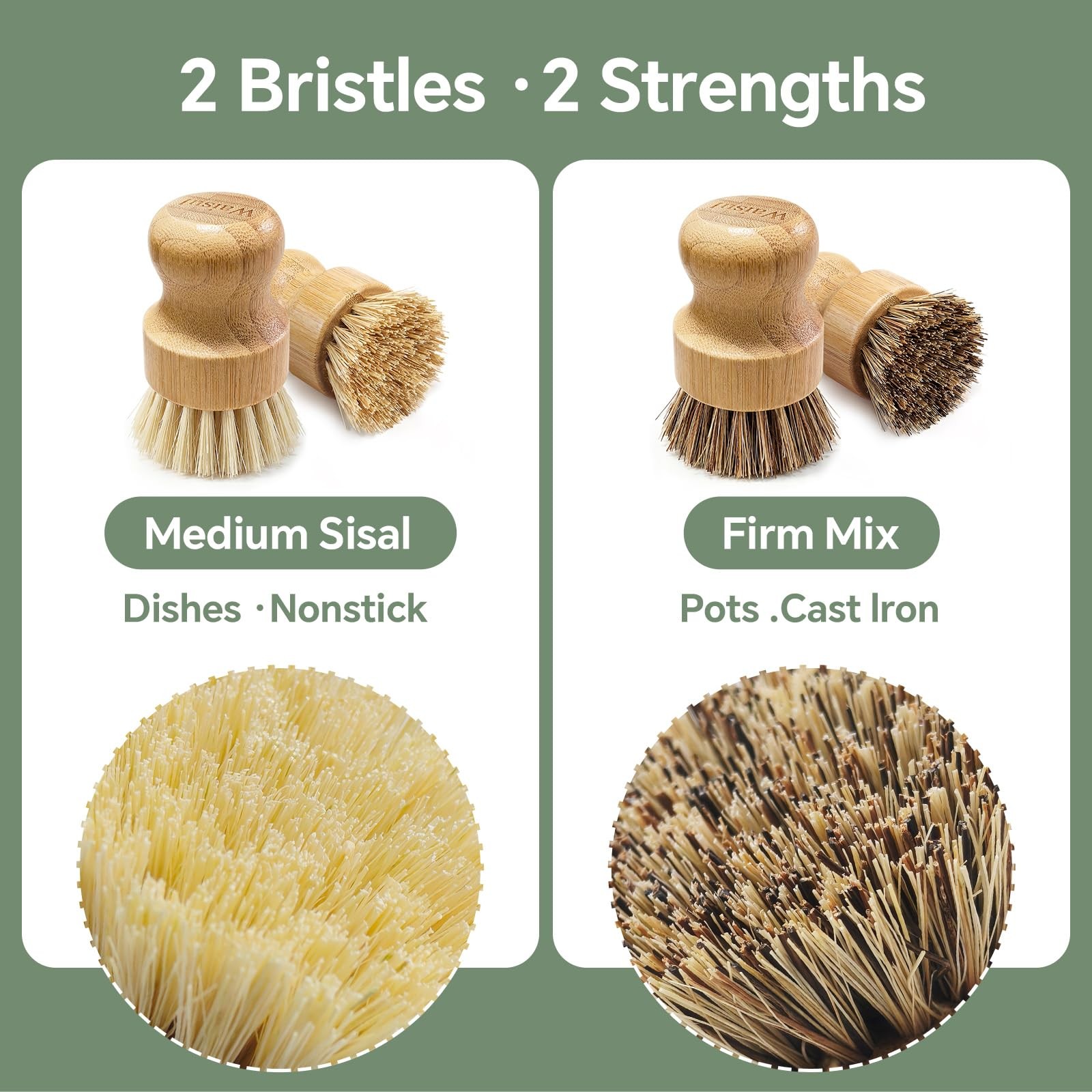 Waisul Bamboo Dish Brush Set, 4 Pack, Plastic-Free (2 Medium Sisal, 2 Firm Co…