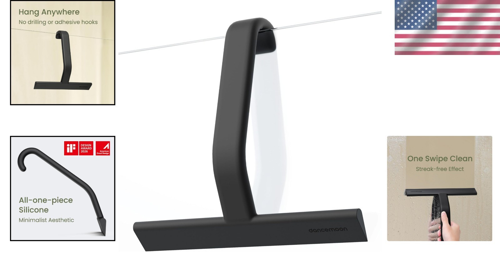 Modern Black Silicone Shower Squeegee with Built-in Hook – Streak-Free Guarantee