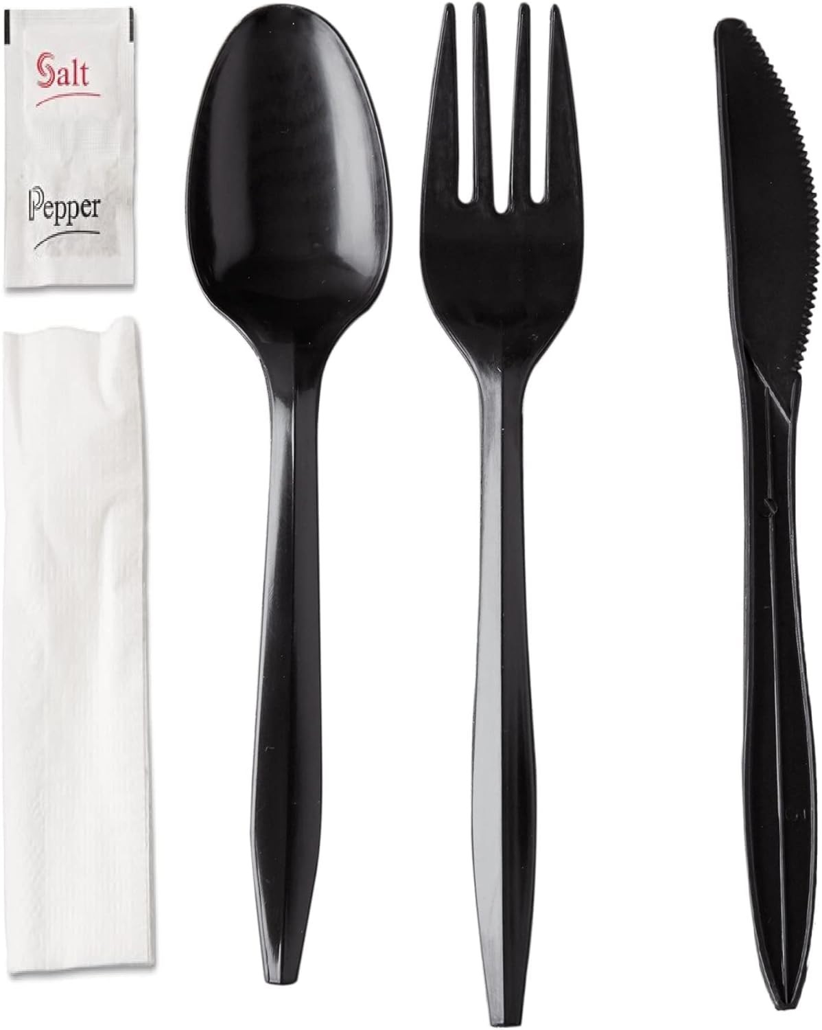 450 Black Plastic Cutlery Packets – Knife, Fork, Spoon, Napkin, Salt, Pepper S