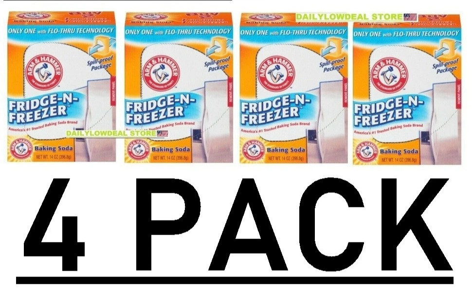 4 PACK Arm & Hammer Baking Soda Fridge-n-Freezer Odor Absorber, 14 oz Each box