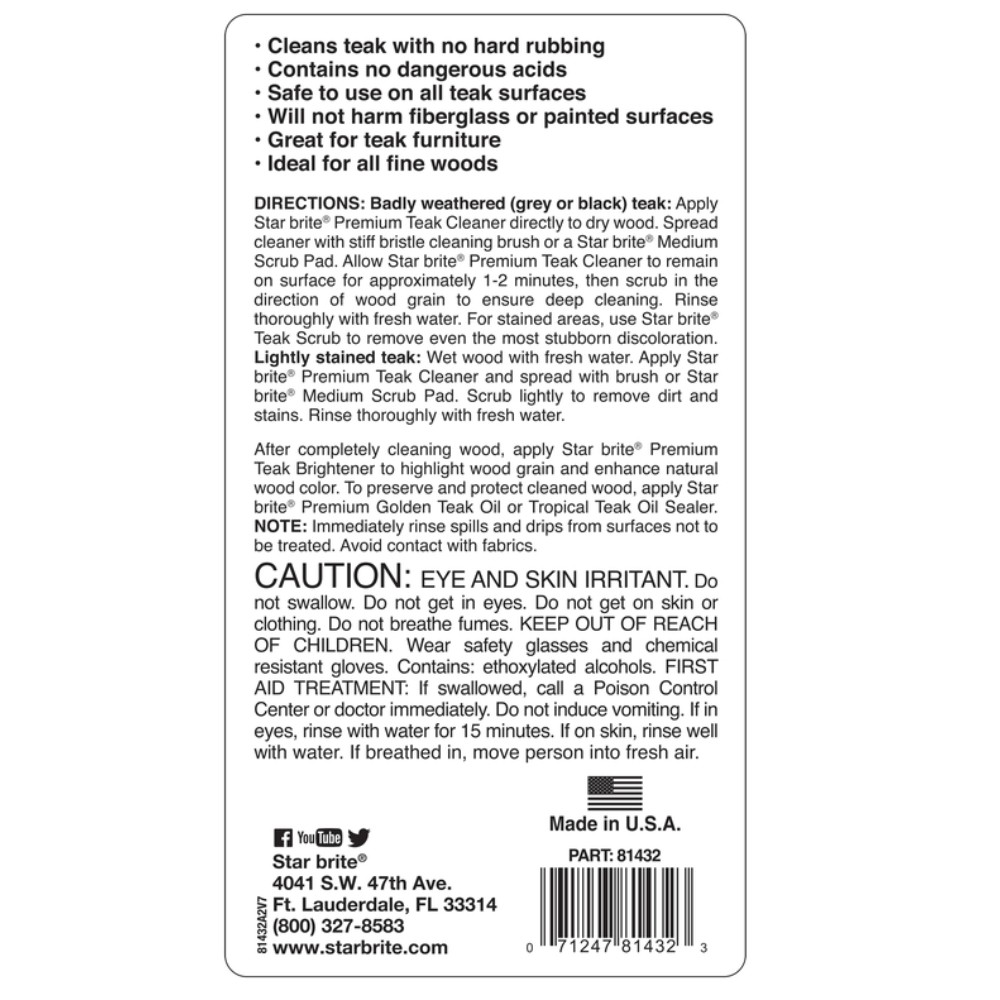 Star Brite 81432 32 oz. Liquid Teak Cleaner 2.25 L x 4.5 W in.