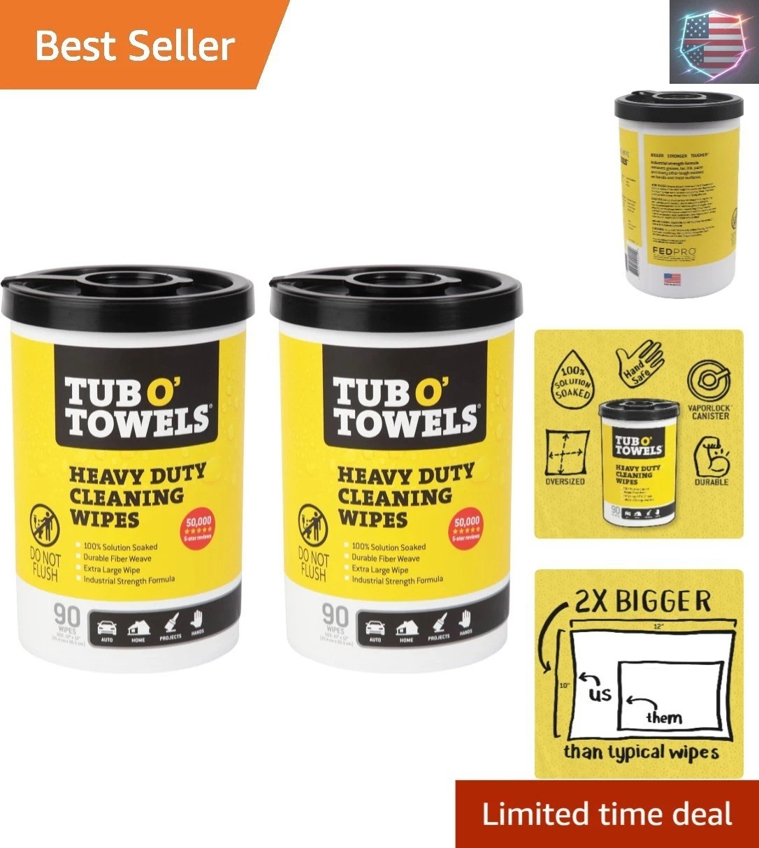 Heavy-Duty Multi-Surface Cleaning Wipes, 10″ x 12″, 90 Count Canister, Remove…
