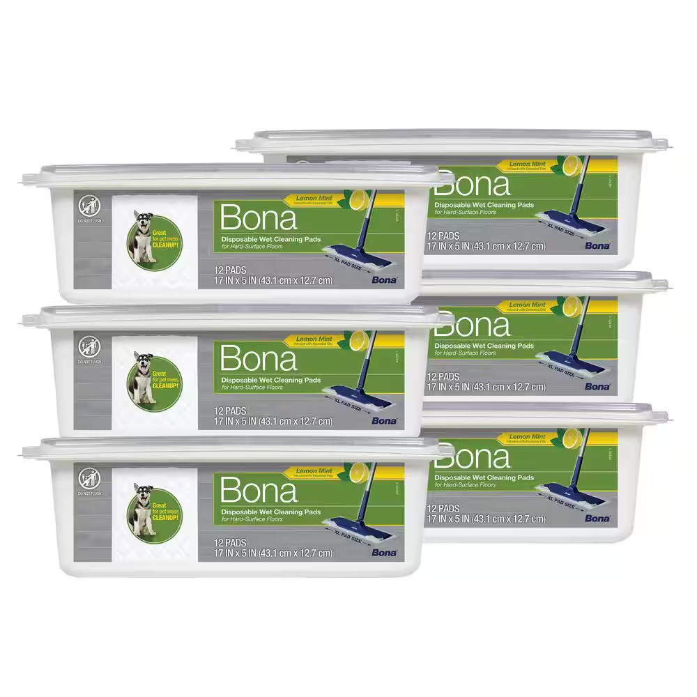 Hard-Surface Floor Wet Disposable Cleaning Pads, Lemon Mint Scent, 12 Count, 6-P