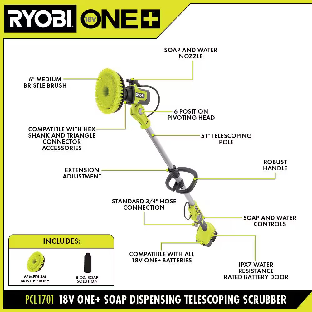 Scrubber 18V Cordless Soap Dispensing Effortless Cleaning Ryobi (Tool Only)