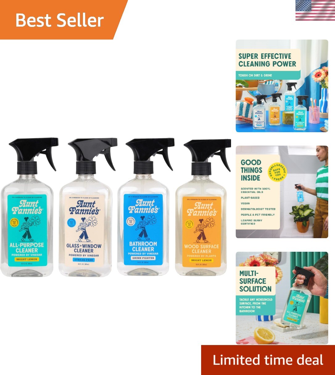 All-Purpose Cleaning Spray Variety – 4 Bottles with Natural Ingredients, 16.9 oz