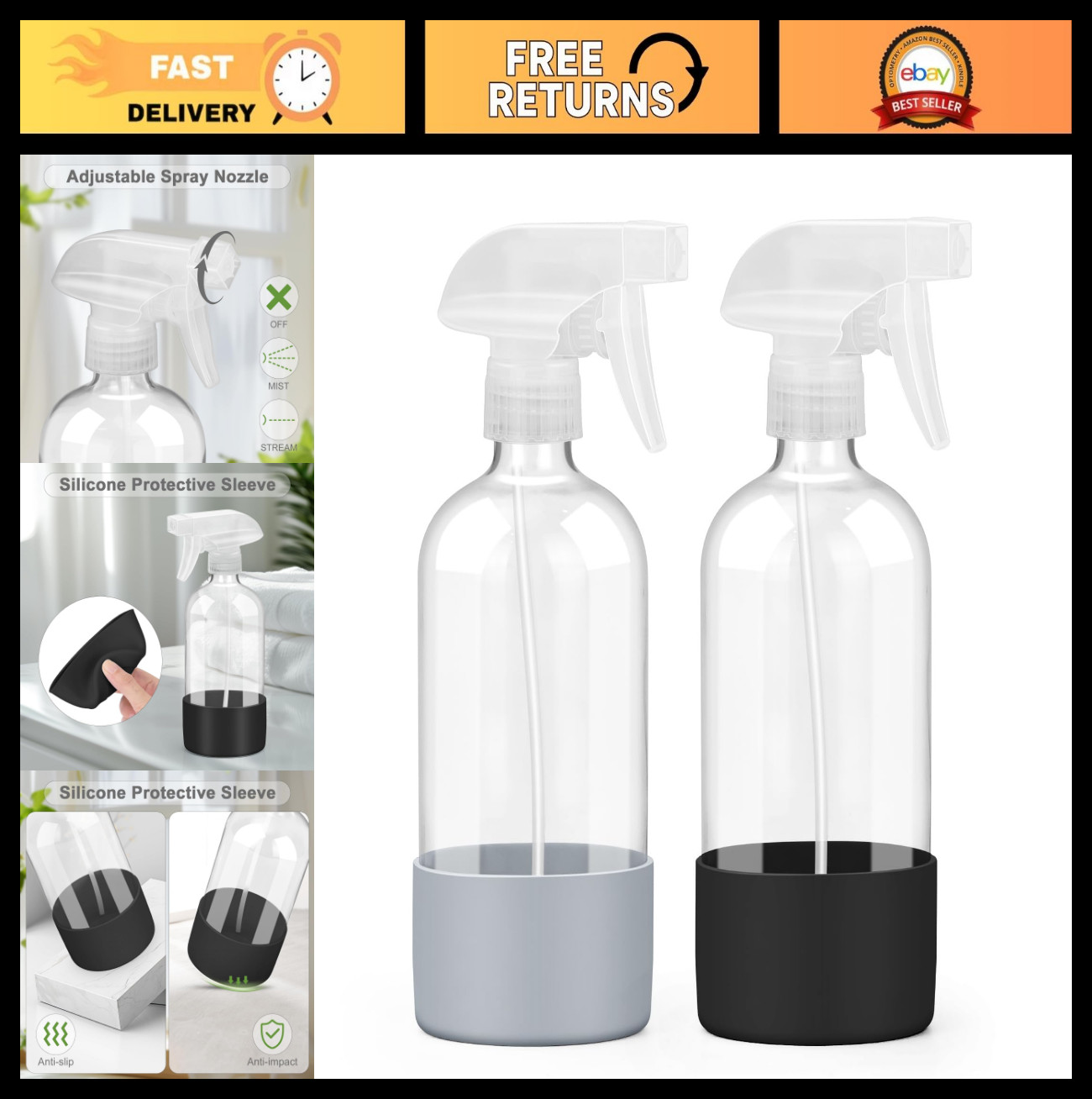 2 Pack 16 oz Glass Spray Bottles with Silicone Sleeve, Adjustable Nozzles for Ha