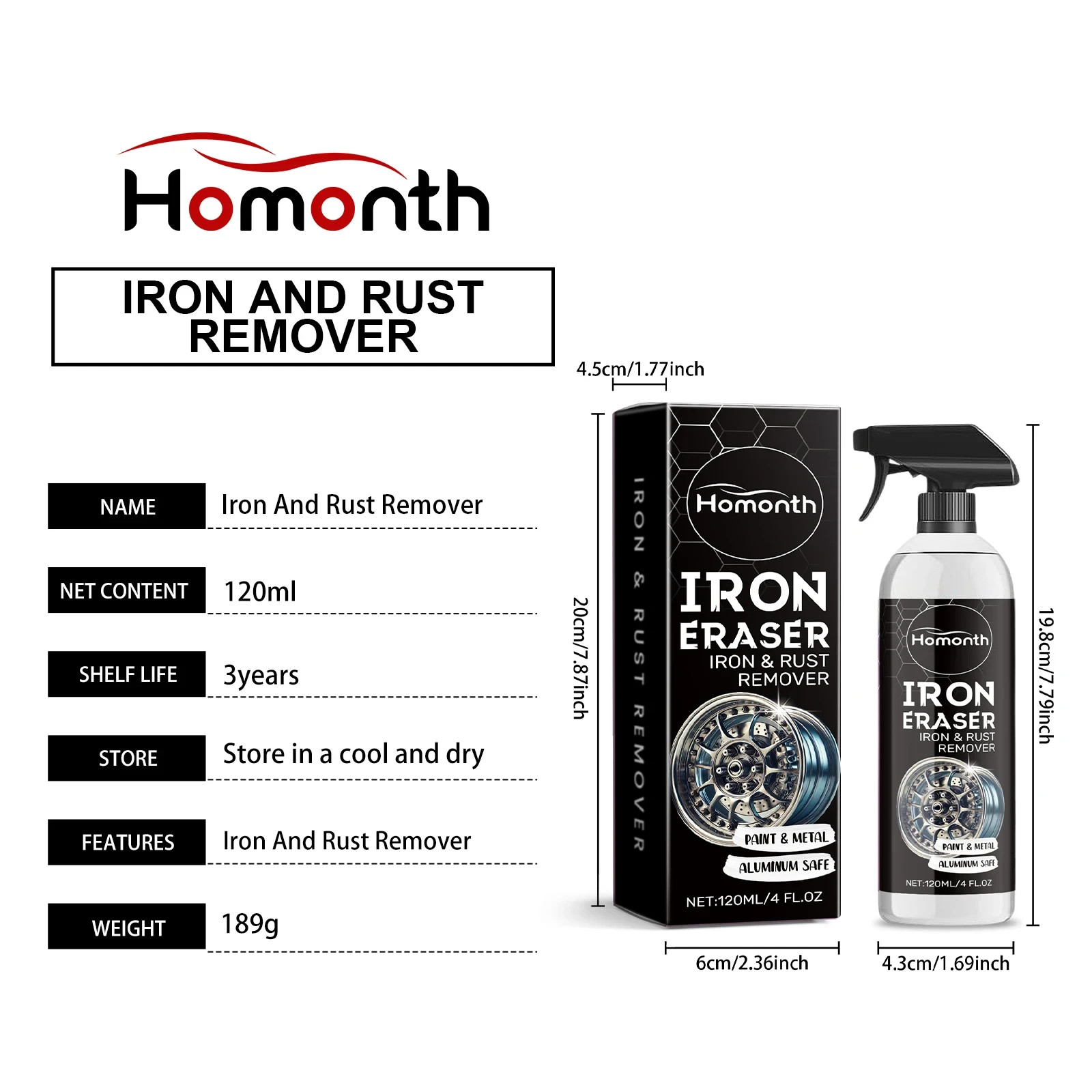 Iron Eraser Rust Remover Spray, Car Wheel Paint Brake Dust Fast Cleaner 120ml /