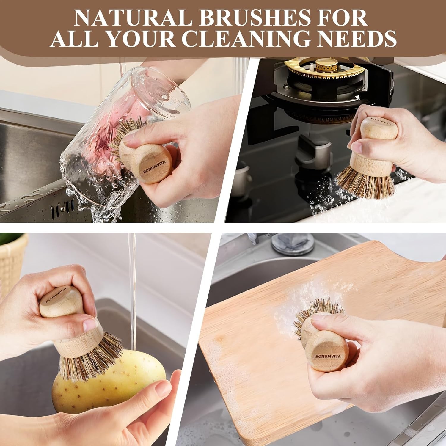 Bamboo Dish Brush Set,4 Pack Kitchen Palm Pot Brush with Union Fiber, Natural