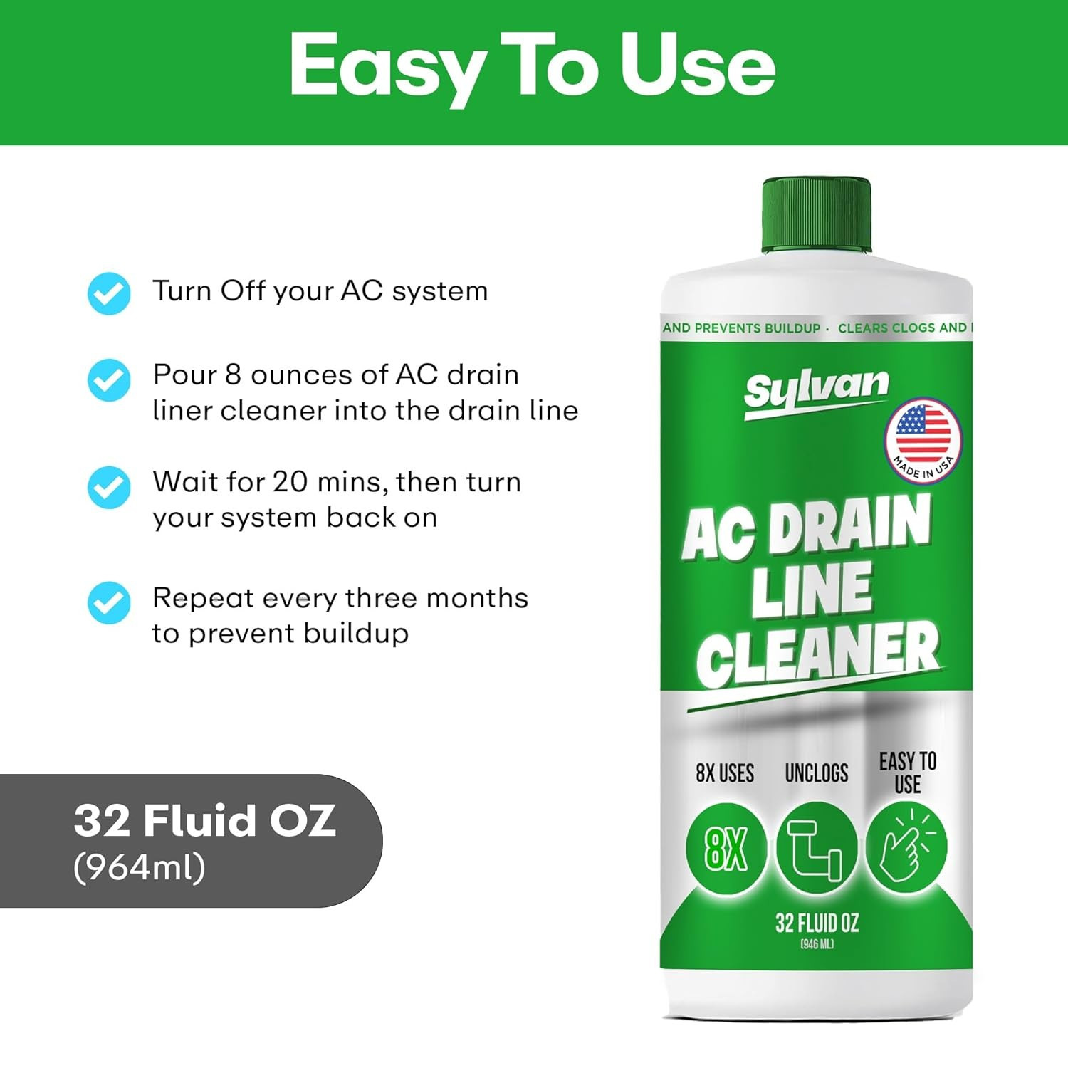 AC Drain Line Cleaner 32 Oz 12 Month Supply W/ Free XXL Drain Brush Air