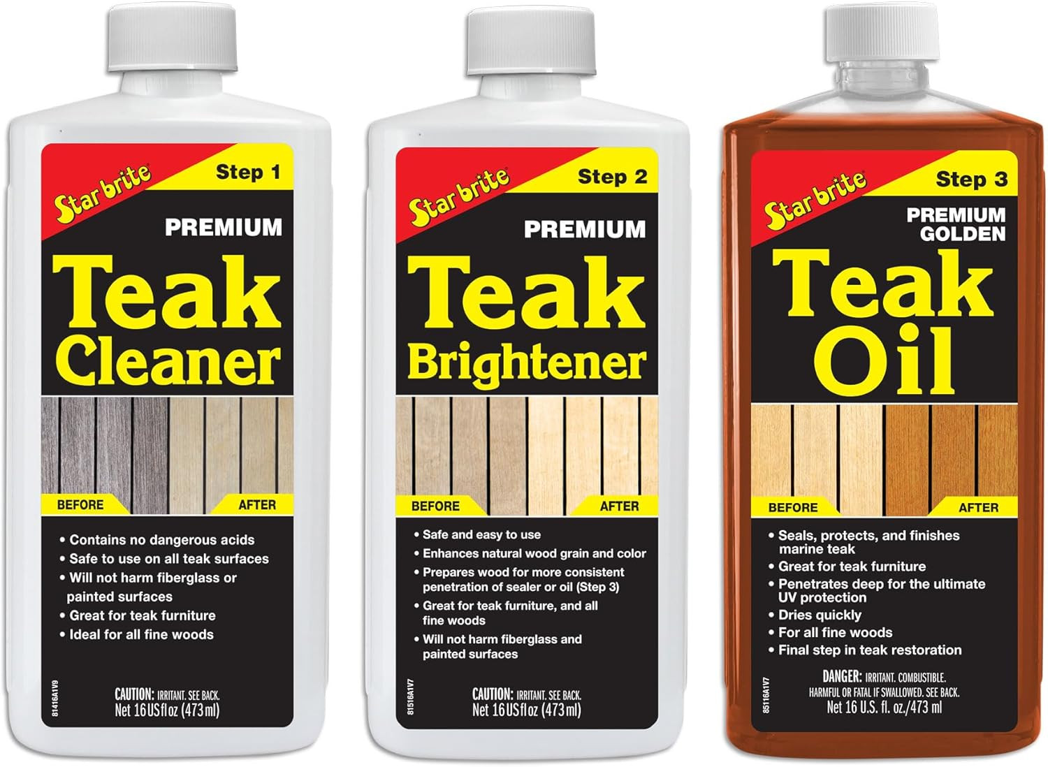 Teak Care 3 Step Kit – Teak Cleaner + Teak Brightener + Teak Oil – 16 OZ (081216