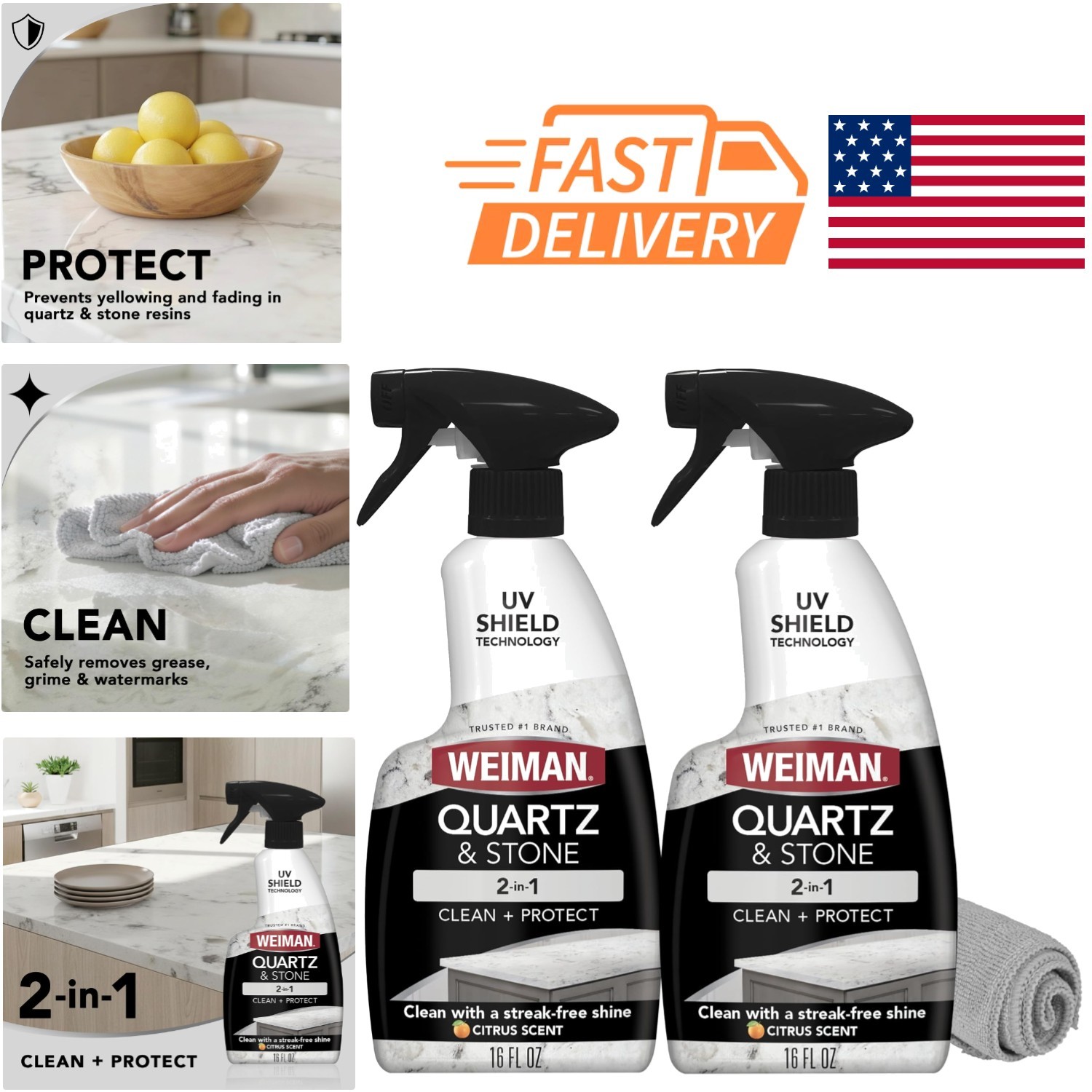 Natural Quartz Countertop Cleaner Spray 16 Ounces Pack of 2 with Micro Towel