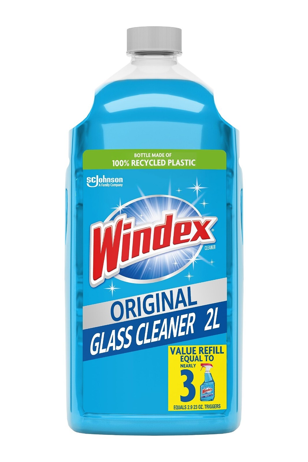 Windex Glass Cleaner Refill, 2L (67.6 Fl Oz), 100% Recycled, Original Blue Scent
