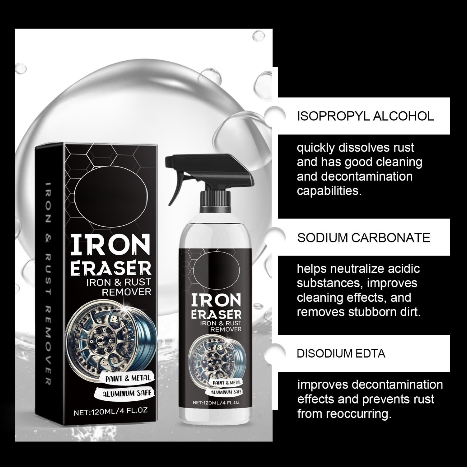 Iron Eraser Rust Remover Spray, Car Wheel Paint Brake Dust Fast Cleaner 120ML US