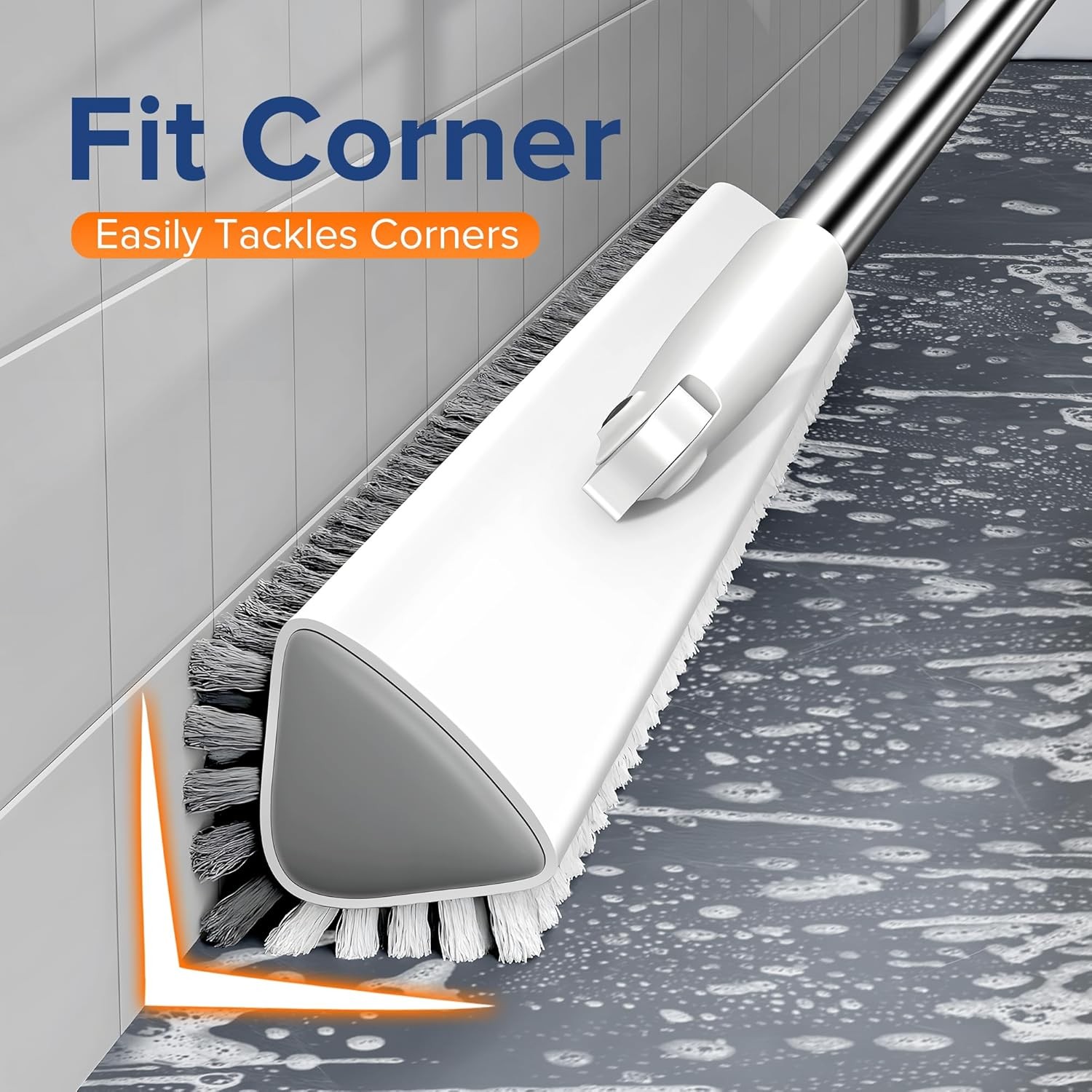 Grout Brush with Long Heavy Duty Handle, 180° Swivel Floor Scrub Brush, V-Shape
