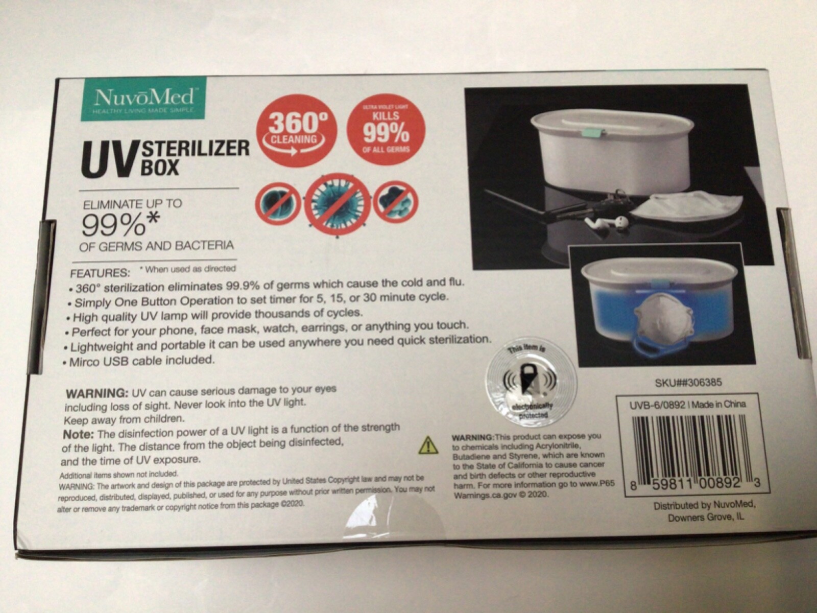 NuvoMed UV Light Sterilization Box for Phone Watch Jewelry Glasses Keys Earbuds
