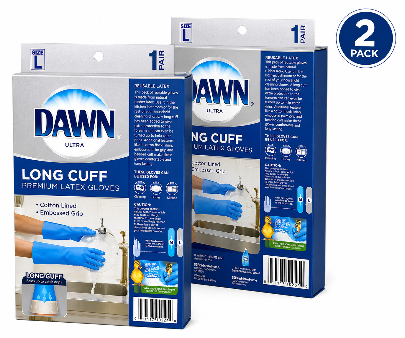Dawn Large Reusable Latex Gloves 2Pack Long Cuff Heavy Duty Cleaning Gloves