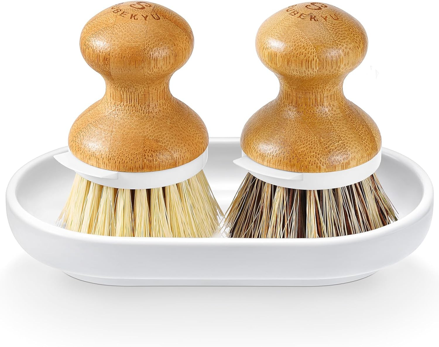 Dish Brush, Bamboo Dish Scrubber Brush Set with Tray, Natural Kitchen Dishwas…