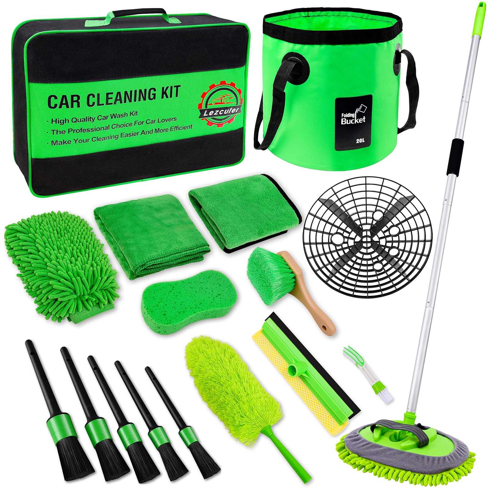 17Pcs Car Wash Kit,62″ Car Wash Brush Mop with Long Handle,Car Cleaning Kit,C…