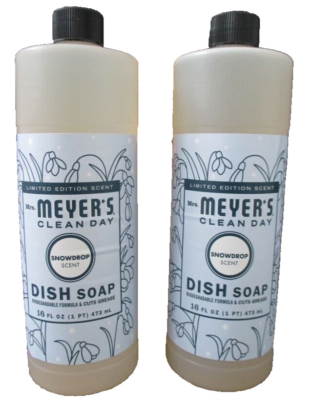 (2) Mrs. Meyer’s Clean Day *SNOWDROP* Scent Liquid Dish Soap ~ 32 oz TOTAL ~ NEW