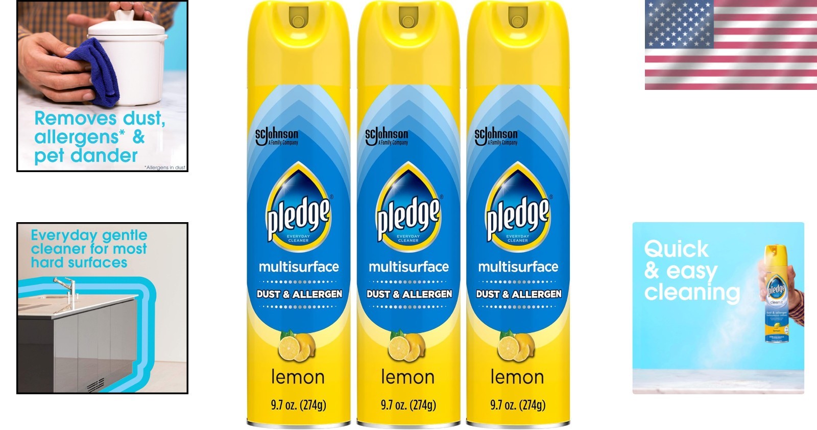 Pledge Dust Eliminating Multisurface Spray – Refreshing Lemon, 9.7oz (3 Bottles)
