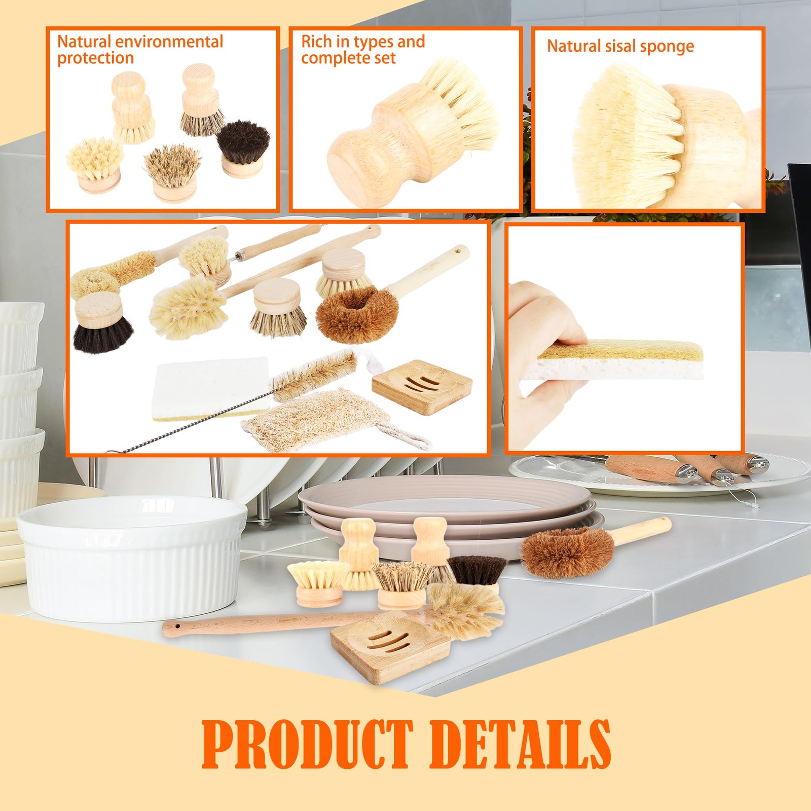 15 Pcs Bamboo Dish Brush Set with 65 Ft Hemp Rope Wooden Palm Pot Brush Sisal…