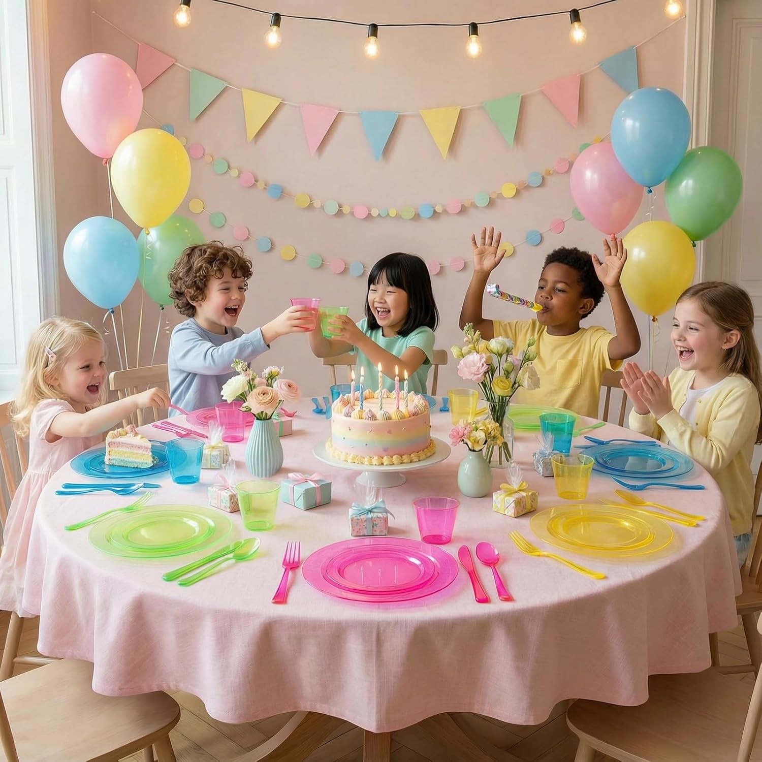 Supernal 216pcs Plastic Dinnerware Set include Rainbow Disposable Plates for P